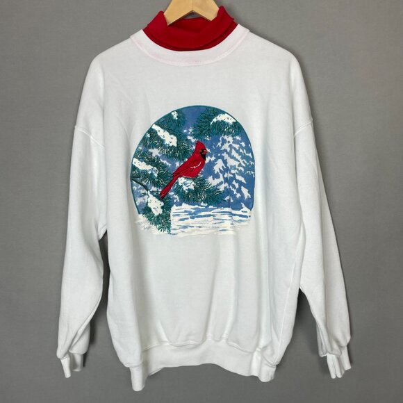 Vintage 90s Christmas Sweatshirt Cardinal Bird Winter White Size XL Holiday Top - Picture 1 of 13